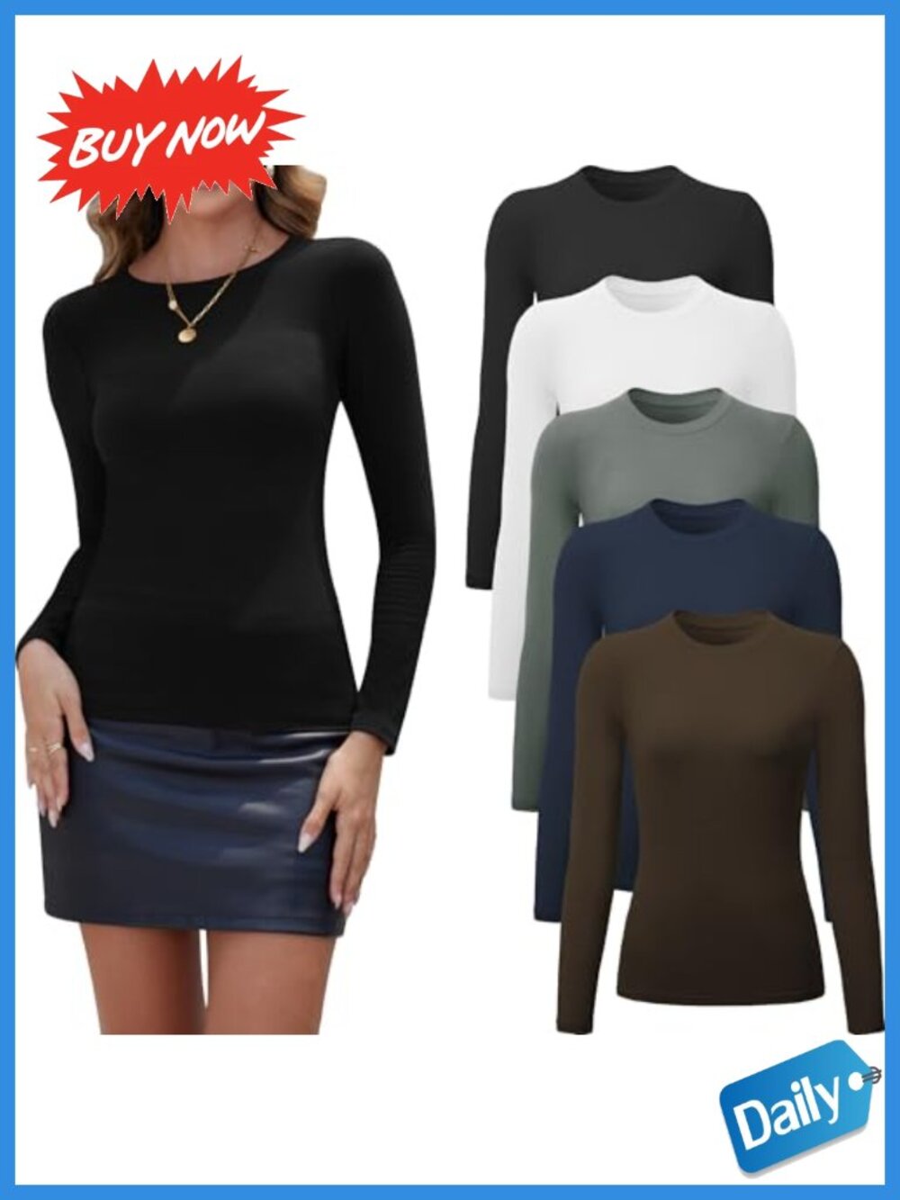 Women's 5 Pack Long Sleeve Crew Neck T-Shirts Rayon Spandex Soft Stretch